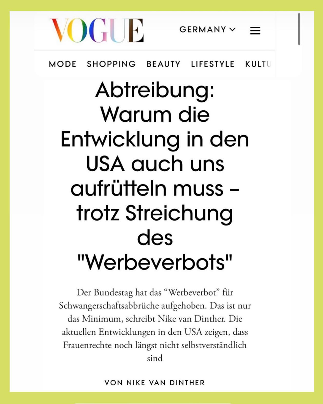 Es muss weiter gehen: Weg mit Paragraph 218. Jetzt ist radikale Solidarität gefordert – mit Millionen von Menschen, die am eigenen (Unter-)Leib erfahren müssen, dass Simone de Beauvoir recht behalten sollte: Absolut nichts ist ohne unser Zutun von Dauer. Sogar mühsam und jahrzehntelang erkämpfte Rechte können zurückgenommen werden, sobald die Welt aus den Fugen gerät. Am Freitag ist sie das noch ein Stückchen mehr – obwohl es kurz so schien, als käme ein wenig Sonne durch. @voguegermany #wegmit218
